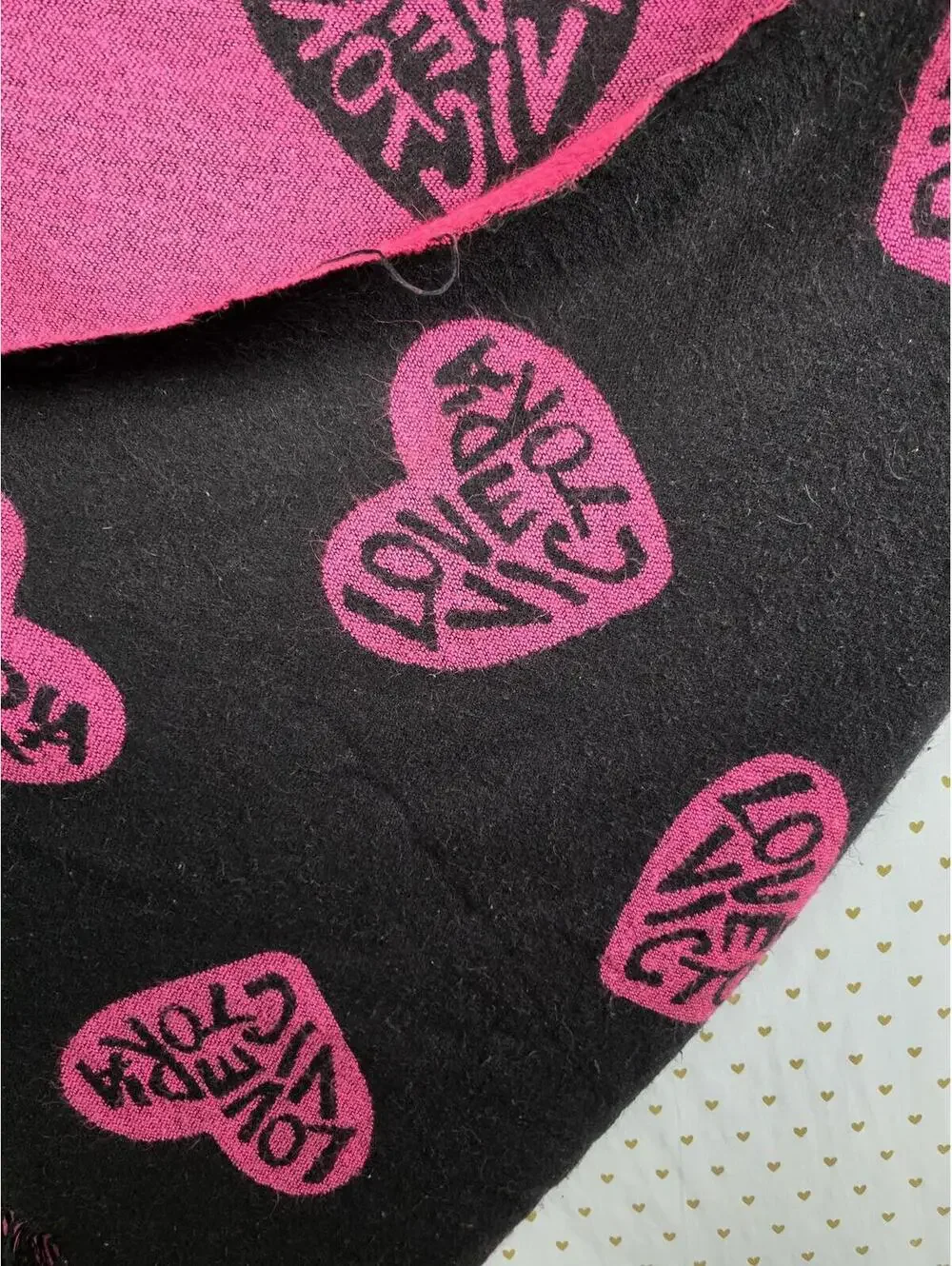 Victoria Secret LOVE VICTORIA Throw Blanket Fringe 50”X60” Pink & Black Hearts